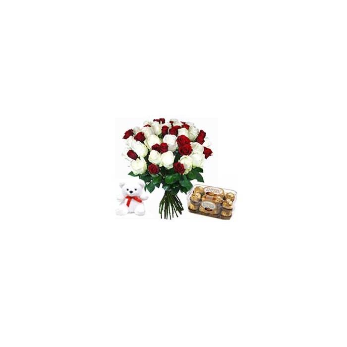 Red and white roses bunch 24 flowers with ferrero rocher chocolate and 6 inch teddy