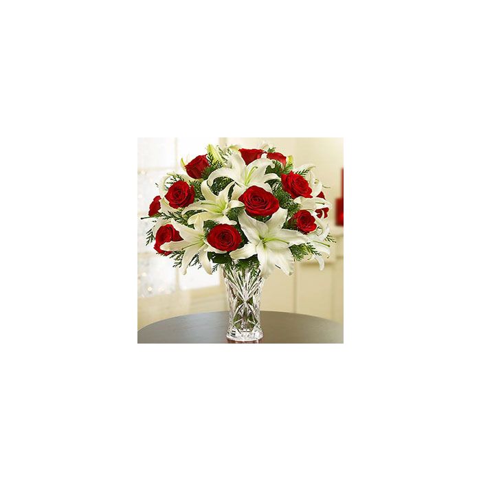 Roses &  Oriental Lilies in vase 15 Roses 5 Lilies