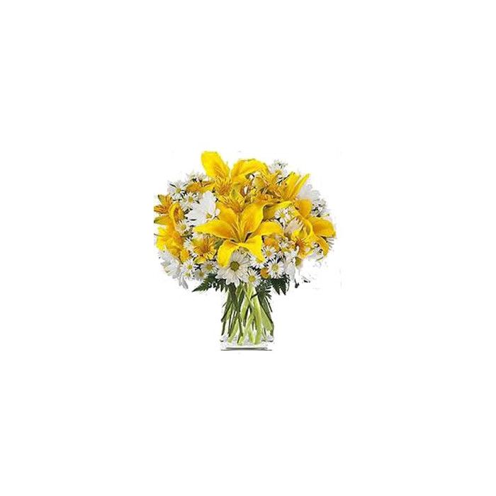 Yellow Lily And White Gerbera In Vase 20 Stems