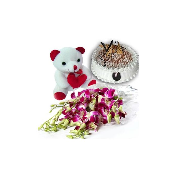 Un tas de 6 tige violet/bleu orchidées avec 500 g de gâteau forêt Noire et 6 pouces mignon ours en peluche