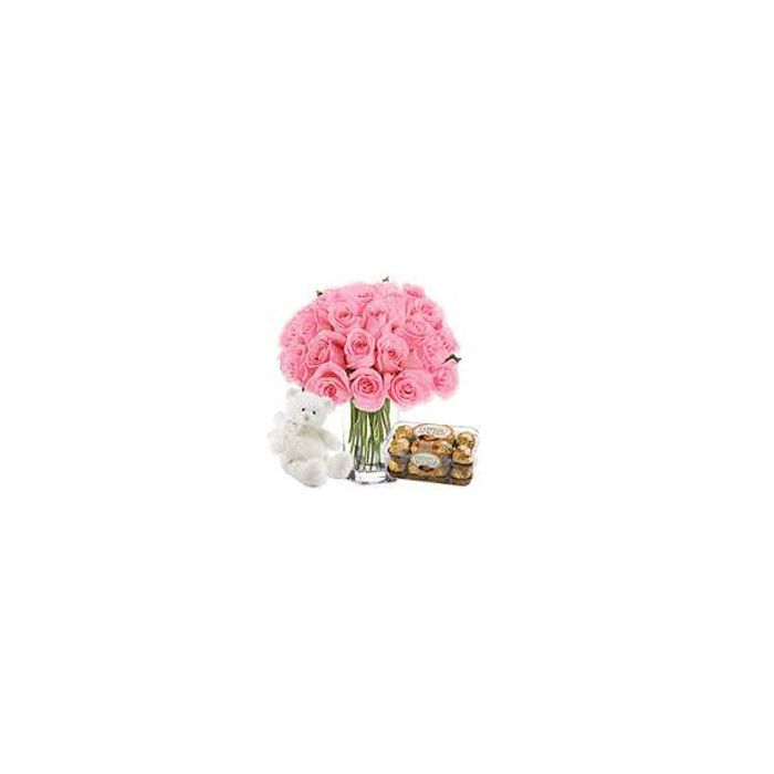 Vase Of 24 Pink Roses With Ferrero Rocher 24 Pieces And 6 Inch Teddy