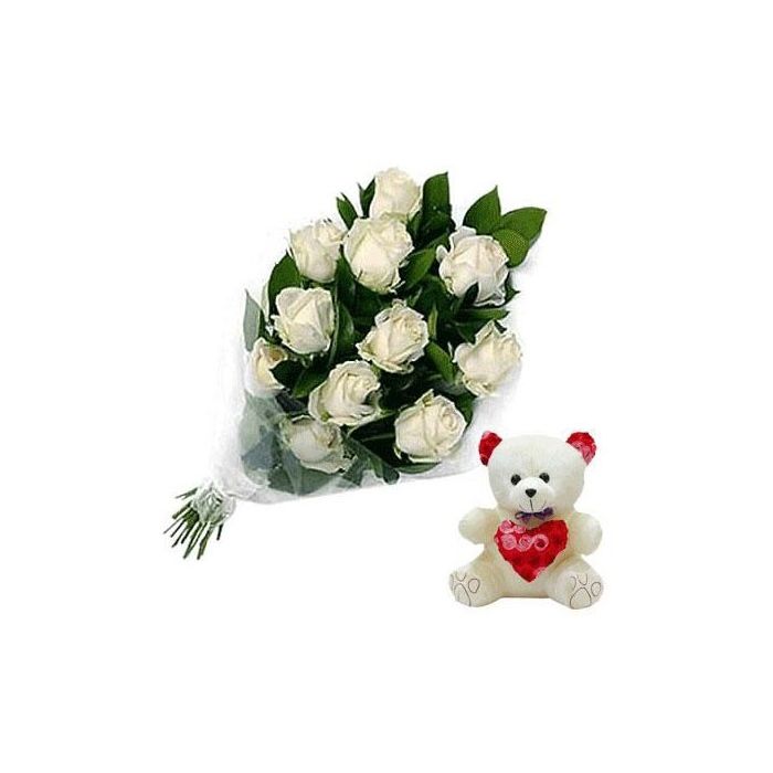 White Roses Bouquet 18 Stems With 6-Inch Teddy