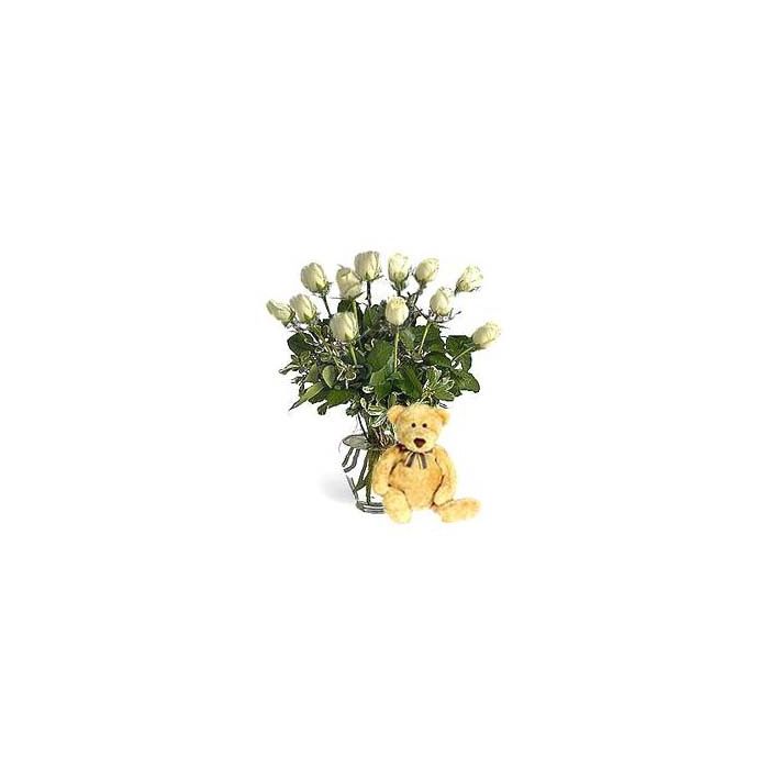 White Roses In Vase 18 Stocks With 6-Inch Teddy