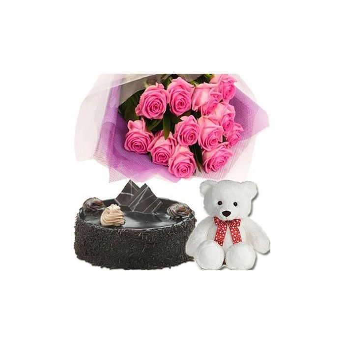 Bunch of 12 Pink Roses with a Small Teddy and 500 gms Lip smacking Chocolate Cake