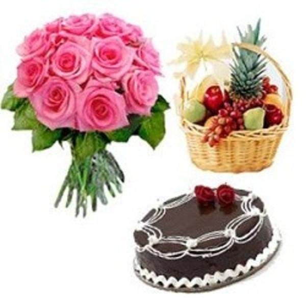 A Dozen Pink Roses Bouquet With 1 Kg Fruit Basket