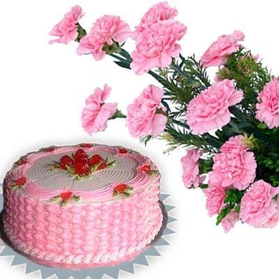 Bó 15 bông hoa hồng màu hồng cùng với bánh kem dâu tươi 500g