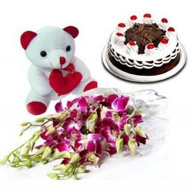Bouquet Of 10 Orchid With 6 Inch Teddy And 1 Kg Black Forest Cake