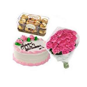 Bouquet Of 24 Pink Roses With Ferrero Rocher 24 Pieces And 1 Kg Vanilla Cake