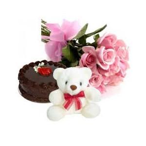 Bunch Of 12 Pink Roses With 1 Kg Chocolate Truffle Cake And 9 Inch Teddy