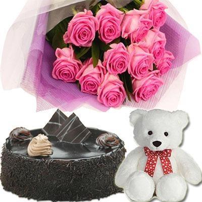 Bunch of 12 Pink Roses with a Small Teddy and 500 gms Lip smacking Chocolate Cake