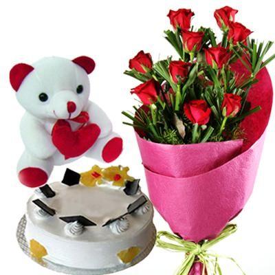 Kahon ng 12 pulang rosas kasabay ng 500 g Pineapple Cake at 6 pulgadang Cute Teddy Bear