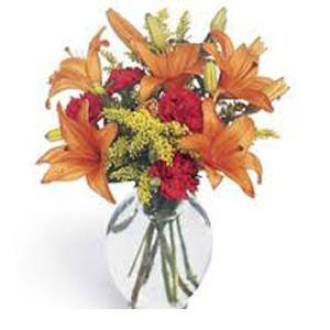 Lis Rose, Des Oeillets Et Des Roses Dans Un Vase De 30 Fleurit