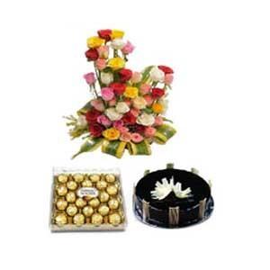 MIX ROSES BASKET 50 FLOWERS WITH 24 PIECES FERRERO ROCHER CHOCOLATE AND 500GM CHOCOLATE CAKE
