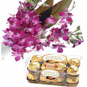 Orchids with Ferrero Rocher Chocolates (12 Flowers And 16 Pieces Chocolate)