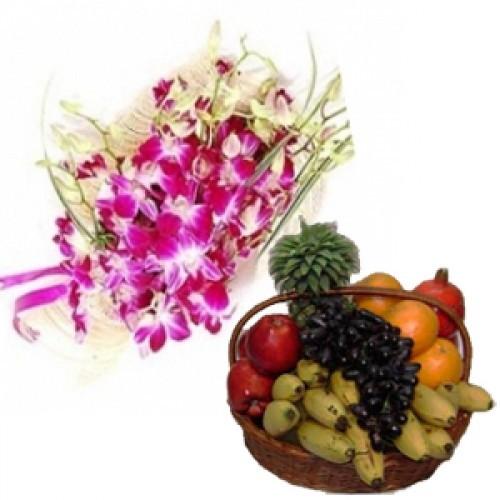 Pink Orchid 6 Stem With 2 KG Fruits Basket