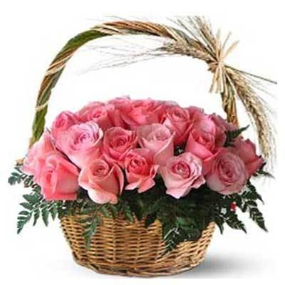 Pink Roses Basket 24 Flowers
