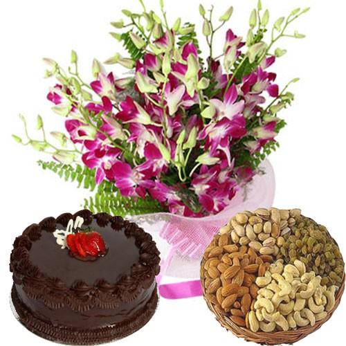 Purple Orchid 6 Stem With 1 KG Chocolate Cake and 500GM Mix Dryfruits