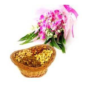 Purple Orchid 6 Stems With 1 KG Assorted Dry Fruits