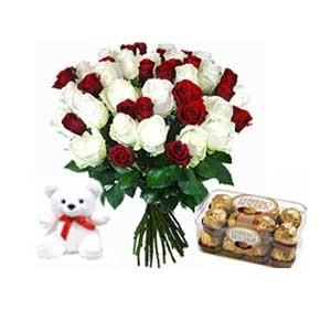 Red and white roses bunch 24 flowers with ferrero rocher chocolate and 6 inch teddy