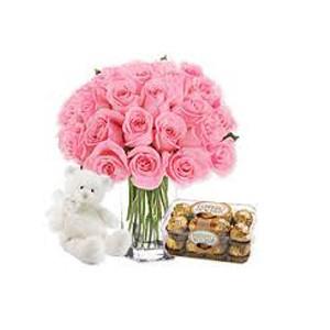 Vase Of 24 Pink Roses With Ferrero Rocher 24 Pieces And 6 Inch Teddy
