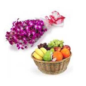 Violeta orquídea 12 Стэм con 1 kg de cesta de frutas 