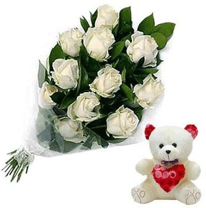 White Roses Bouquet 18 Stems With 6-Inch Teddy