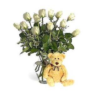 White Roses In Vase 18 Stocks With 6-Inch Teddy